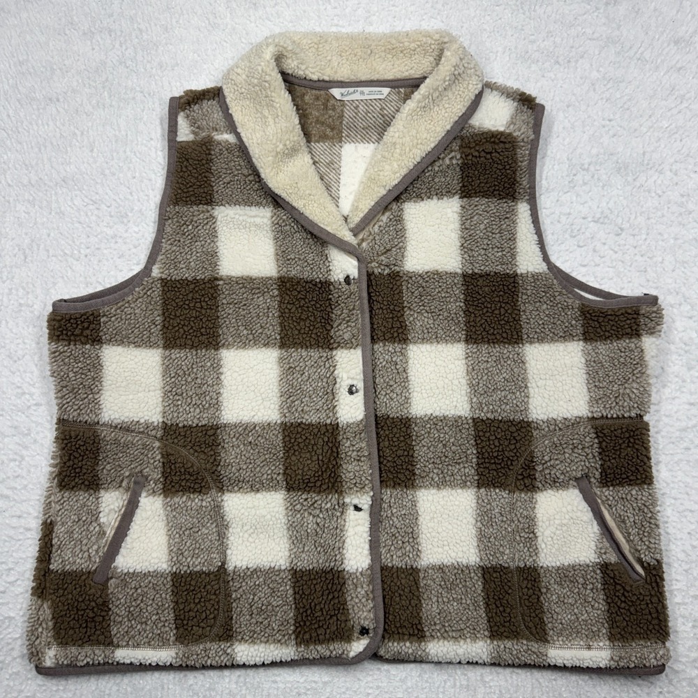 Woolrich Fleece Vest Casual Outdoor Full Button Pockets‎ Check Beige Women's 2XL